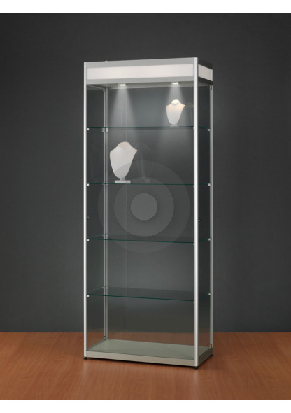Display cabinet with illuminated header for branding logo
