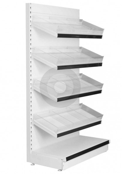 wall shop shelving with plastic risers and dividers to compartmentalise the shelves