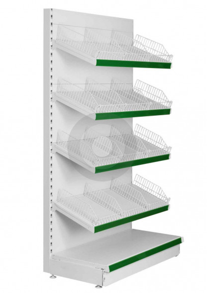 supermarket shelving with wire risers and shelf dividers