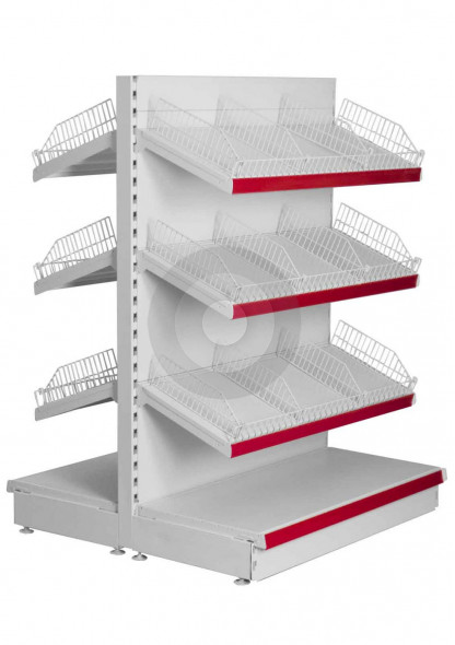 supermarket gondola with wire risers and dividers