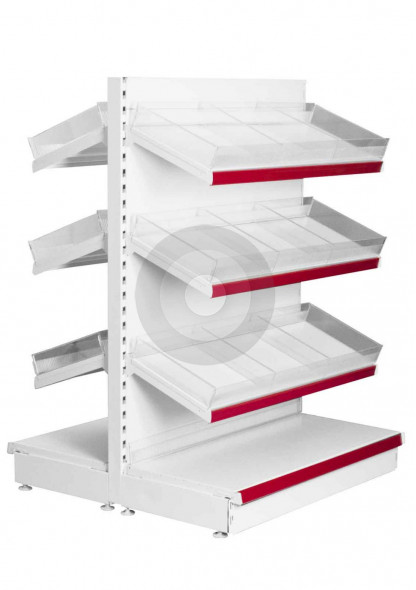 Low Gondola shelving with plastic risers and dividers