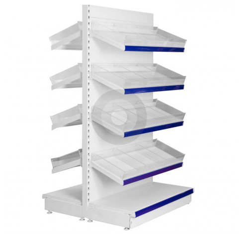 tall gondola shelving with plastic risers and dividers